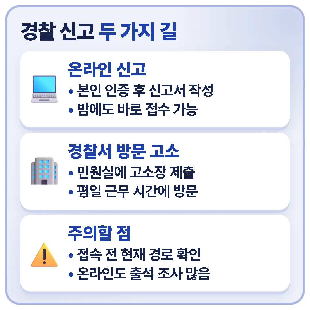 중고거래 사기는 온라인 사이버범죄 신고나 경찰서 방문 고소로 접수하며, 경찰민원24 통합으로 경로가 바뀌었을 수 있고 온라인 접수 후에도 출석 조사가 많다는 내용