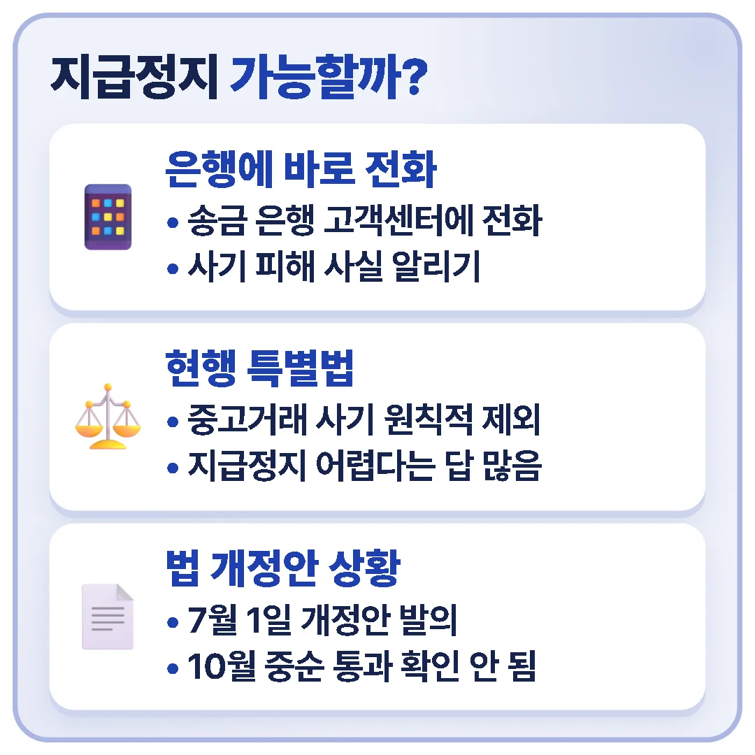 송금 은행에 바로 알리는 것이 좋지만 현행 특별법은 중고거래 사기를 원칙적으로 제외하고, 2026년 7월 발의된 개정안은 10월 중순까지 통과가 확인되지 않았다는 내용